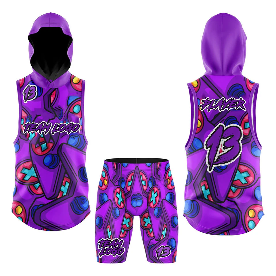 Purple sublimated 7v7 uniform design showing hooded sleeveless compression top and matching shorts, front and back