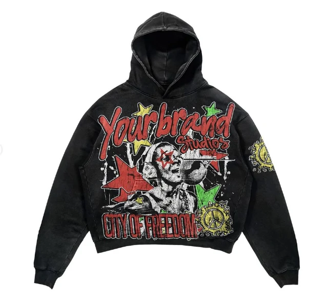 Custom Hip Hop Style Men's Raw Gem Cut Dtg Hoodies High Street Cotton Print Hoodies for Men DTG Acid Wash, hoodie design reference, image 1
