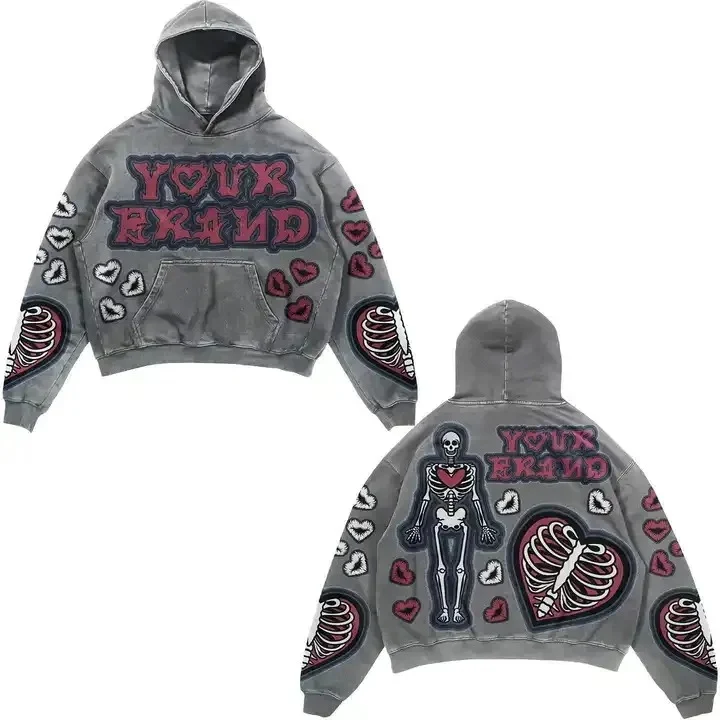 Custom Men's 100% Cotton Stone Acid Washed Cropped Street Wear Distressed Patch Winter Pullover Hooded Causal, hoodie design reference, image 1