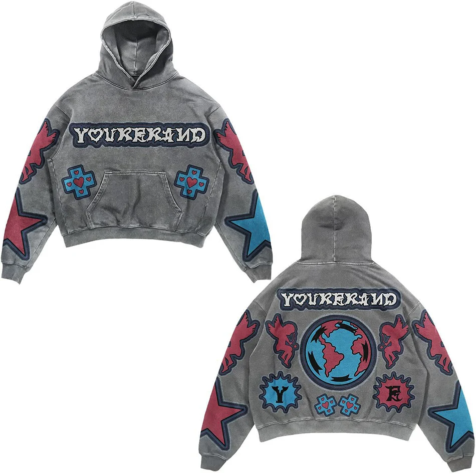 Custom Vintage Distressed Acid Wash Oversized Hoodie for Men Embroidery Logo For Casual Streetwear Fashion, hoodie design reference, image 2