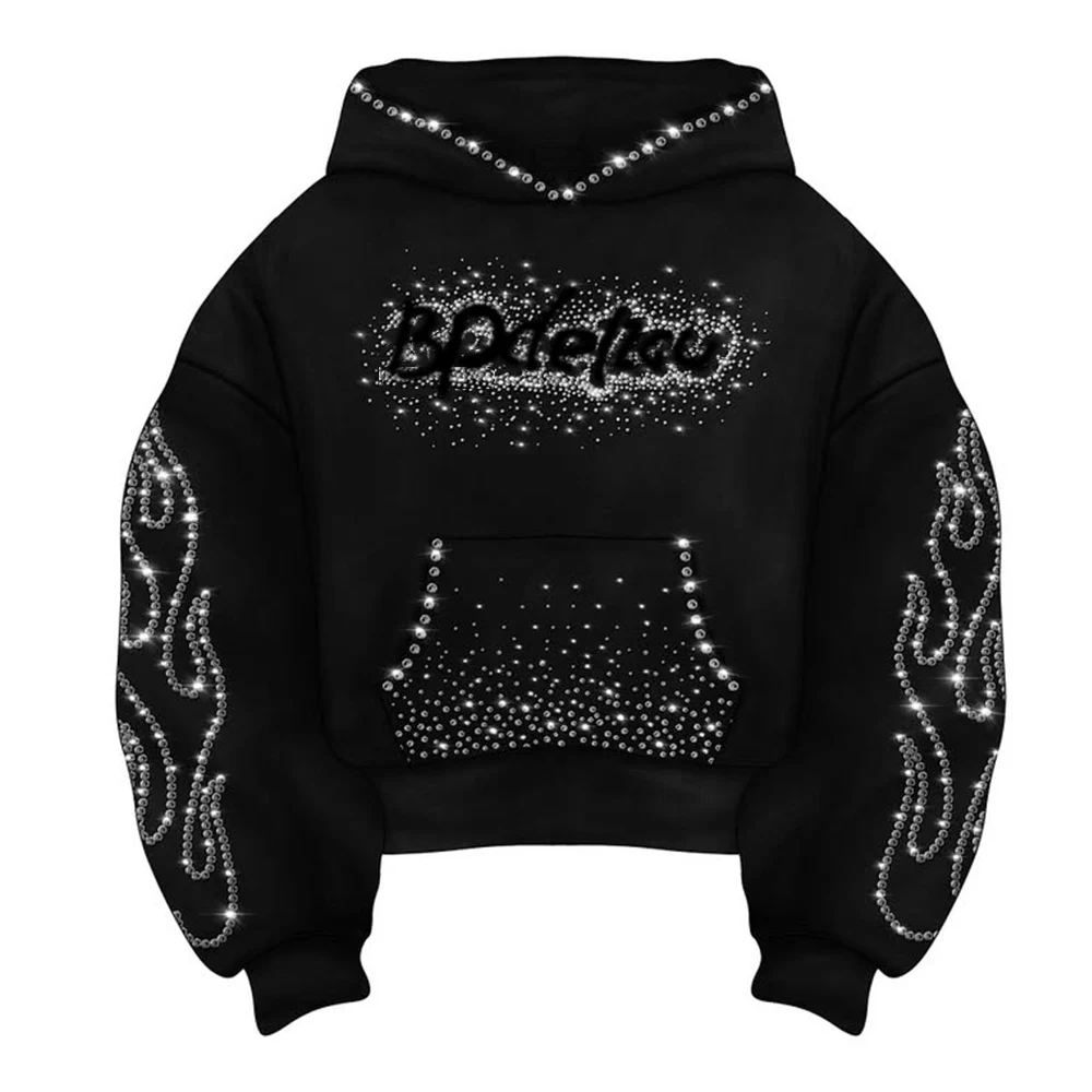 Custom Sun Faded Acid Wash Thick Sweatshirts Applique Embroidery Distressed Boxy Fit Crop Mixed Rhinestone, hoodie design reference, image 1