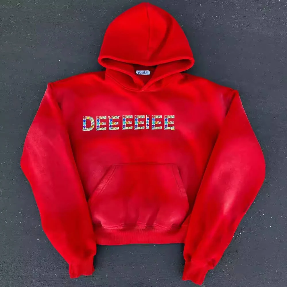Pullover rhinestone heavyweight acid wash drop shoulder oversize hoodie streetwear fashion wholesaler, hoodie design reference, image 1
