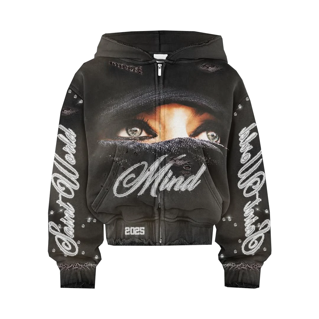 Custom Fashion Hoodie Boxy Oversized Cropped Heavyweight French Terry Acid Wash Distressed Rhinestone Zip up, hoodie design reference, image 1