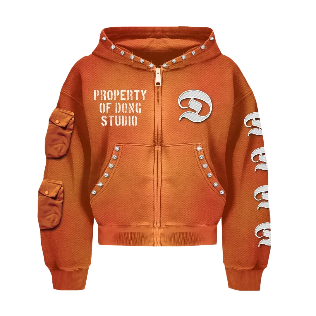 Custom French Terry Zip up Hoodie Boxy Heavyweight Vintage Streetwear Cropped High-Quality Rhinestone Hoodie, hoodie design reference, image 1