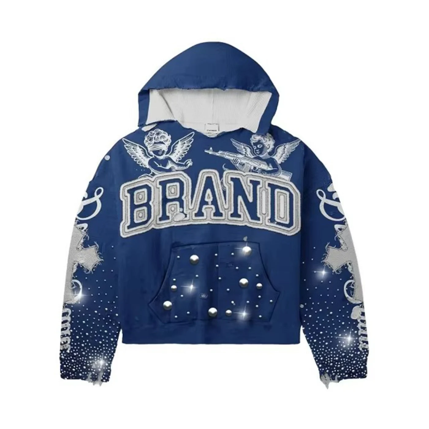 Custom Rhinestone Puff Print Hoodie Men Oversized Streetwear Sweatshirt Y2K Vintage Blue Pullover Hoodie with, hoodie design reference, image 1