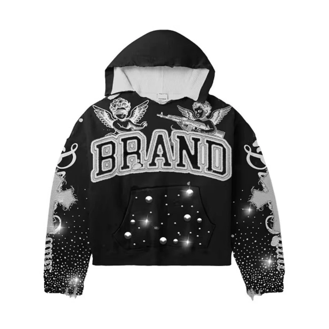 Custom Rhinestone Puff Print Hoodie Men Oversized Streetwear Sweatshirt Y2K Vintage Blue Pullover Hoodie with, hoodie design reference, image 2
