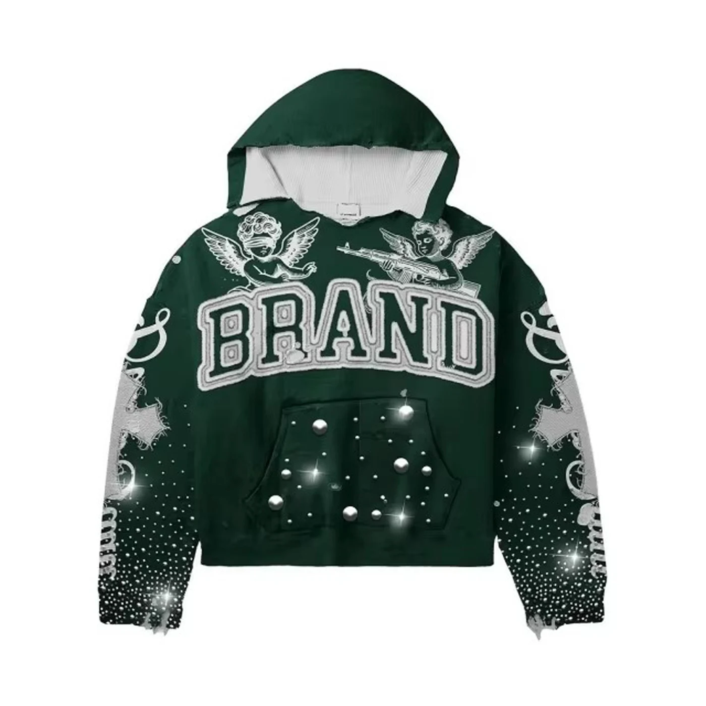 Custom Rhinestone Puff Print Hoodie Men Oversized Streetwear Sweatshirt Y2K Vintage Blue Pullover Hoodie with, hoodie design reference, image 3