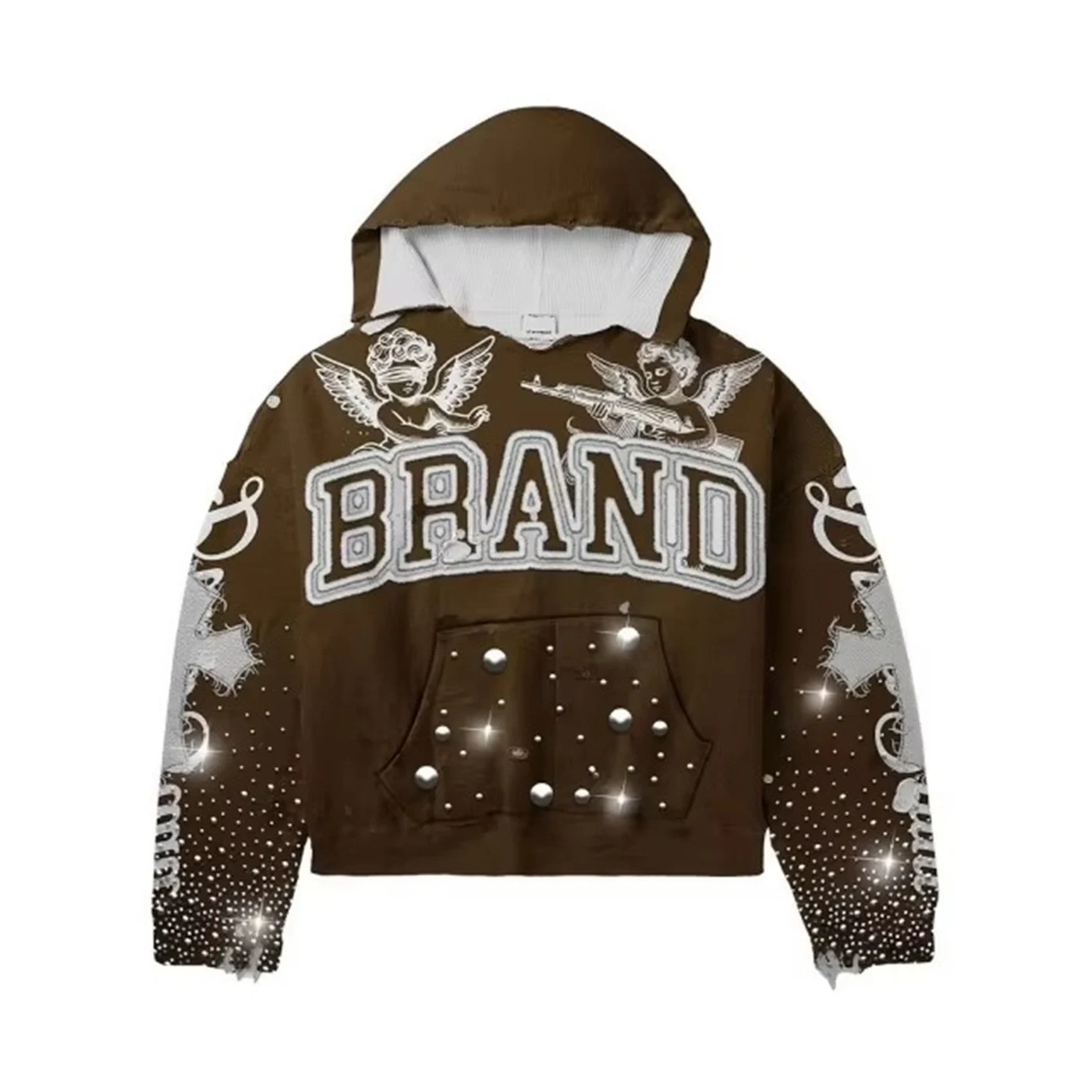 Custom Rhinestone Puff Print Hoodie Men Oversized Streetwear Sweatshirt Y2K Vintage Blue Pullover Hoodie with, hoodie design reference, image 4