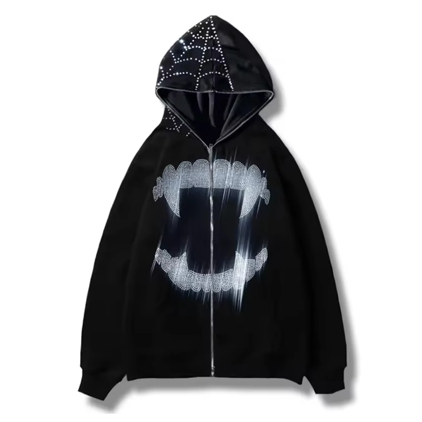 Trending Oversized Grunge Zip-Up Hoodie 100% Cotton Casual Streetwear with Rhinestone Spider Web & Tooth, hoodie design reference, image 1