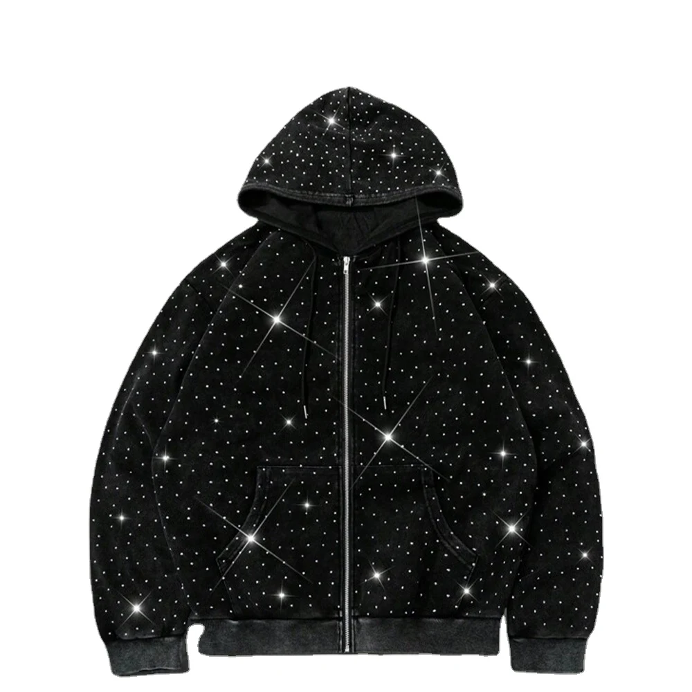 Custom Men's Designer Crystal Studded Zip-Up Hoodie Oversized Streetwear Fleece Jacket Full Rhinestone 100%, hoodie design reference, image 1